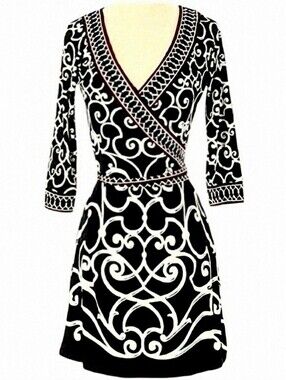 WHBM Faux Wrap V-Neck Belted Sheath Ornate Scroll Midi. Sz. 12